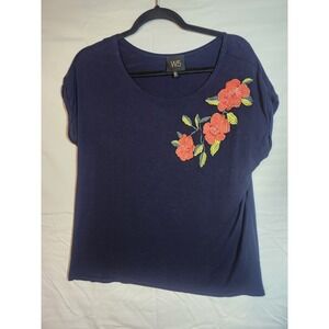 Anthropologie W5 Top Shirt Women L Black Floral Embroidered Shoulder Knot Hem